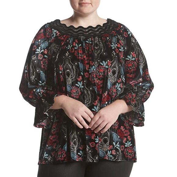 Rafaella Size L Velvet Floral Print Scallop Trim Blouse Top Elastic Ruffle Cuff - Picture 1 of 11